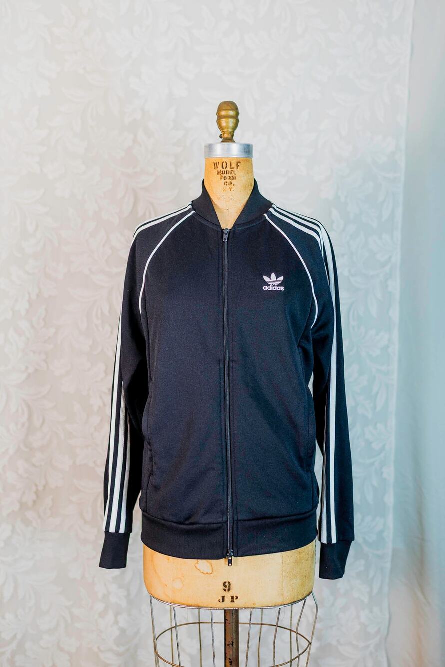 Vintage Y2K Adidas Originals Black Track Jacket White 3 Stripe Trefoil Zip Up, S